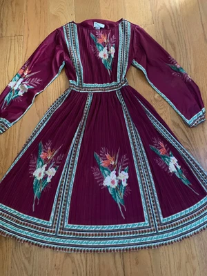 Vestido Vintage Años 70 Granate Acordeón Plisado Floral Transparente Fiesta Hal Ferman Talla 8 Foto 1 de 4