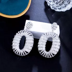 Grosso orecchino pendente ovale goccia cristallo zirconi placcato oro bianco matrimonio sposa - Foto 1 di 9