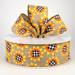 Sonnenblume Büffel kariert 2,5" mal 5 Yards natürliches Drahtband Herbst Land Blumen - Bild 1 von 6
