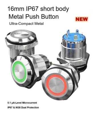 Interruptor pulsador iluminado IP67 16mmSPDT ultracompacto de metal de acero inoxidable Foto 1 de 4