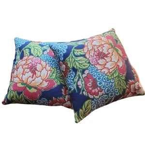 Chinoiserie Peony Flower Throw Pillows Navy Pink Floral Cottage Decor Set Of 2 - Picture 1 of 7