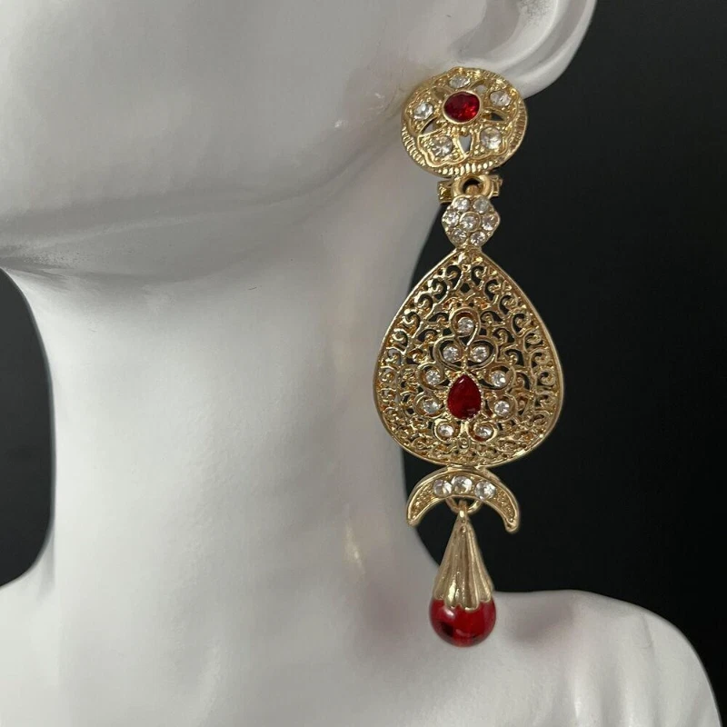 Gold Tone Dangle Drop Earrings Mehndi Red Glass Bead Pierced - Image 1 of 1