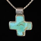 VTG Sterling Silver - INDIA Turquoise Inlay Cross Pendant 27" Necklace - 9g