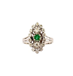 Anello Vintage Marquise In Oro 18 Carati Con Diamanti E Smeraldo T 54 Regolabile - Foto 1 di 10