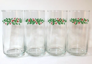 Vintage Holiday Christmas Drinking Glass Wreath Holly Berries Set Of 4 14oz 6" - Picture 1 of 11