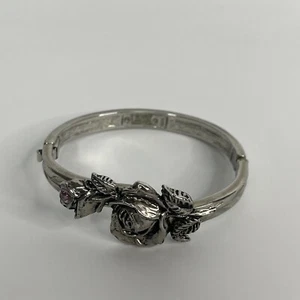 Lenox Bracelet June Birthstone RoseFlower Rhinestone Hinged Bangle Silvertone - Picture 1 of 5