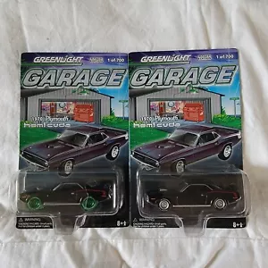 Greenlight Garage 1970 Plymouth Hemi Cuda Green Machine+ Red striped Black Cuda - Picture 1 of 2
