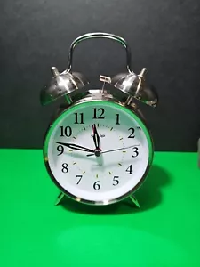 Sharp Alarm Clock Vintage Style Twin Bell Analog Clock. Retro Chrome Decor Works - Picture 1 of 13
