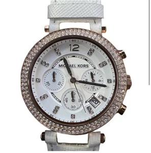 Womens Michael Kors Parker White Diamonds White Leather Wrist Watch- MK2281 - Picture 1 of 10