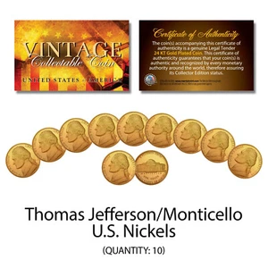 Thomas Jefferson VINTAGE U.S. NICKELS Uncirculated 24KT GOLD Plated - QTY 10 - Picture 1 of 3