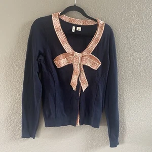 Anthropologie Moth Cardigan Womens Medium Blue Appliquéd Bow Wool Blend Intarsia - Picture 1 of 13