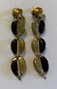 Vintage or Antique Brass Sparkly Silver and Black Enameled ClipOn Earrings - 3” - Picture 1 of 4