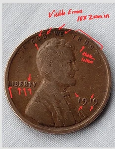 Penny grano Lincoln 1919 con ERRORI penny doppio colpo - Foto 1 di 12