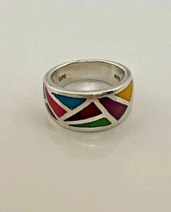Anillo Banda Plata 925 Multicolor Geométrico Arco Iris Incrustación 6.19g Talla 5.5 De Colección  - Imagen 1 de 9