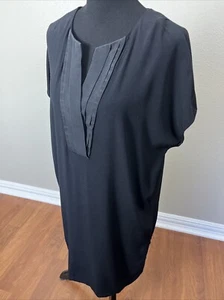 VINCE $345 Size M/L 44" Silk V Neck Trim Viscose Shift Mini Dress Pockets Black - Picture 1 of 8