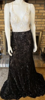 Jovani белый и черный бисером блестки длинное платье размер 6 стиль 33485 - Изображение 1 из 4