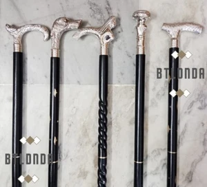 Set of 5 Victorian Chrome Finish Brass Handle Black Wooden Cane Walking Stick - Picture 1 of 8