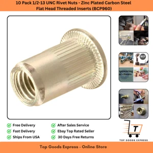 10Pack 1/2-13 UNC Rivet Nuts - Zinc Plated Carbon Steel Flat Head Threaded In... - Picture 1 of 12
