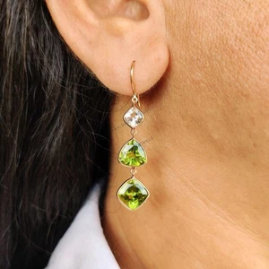 9.030ct Natural Peridot Morganite Earrings 14K Gold Bezel Minimalist Style - Picture 1 of 8