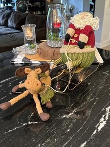 Vintage Plush Santa with Reindeer & Wooden & Metal Sled - Picture 1 of 13