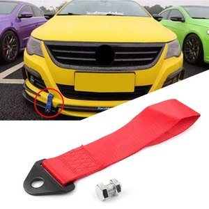 Red Racing Car Tow Towing Strap Belt Rope Rally Hook Universal Rear/Front Bumper - Picture 1 of 4