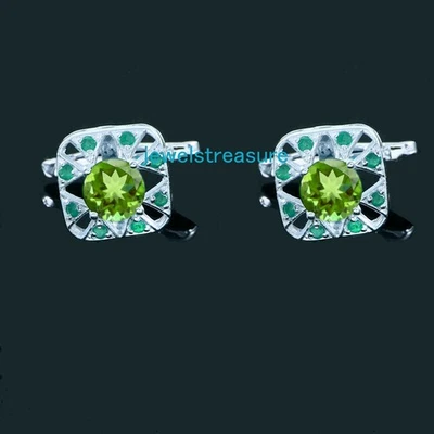 Natural Peridot & Emerald Stones 925 Sterling silver Cufflinks for Men's #8298 - Image 1 of 4