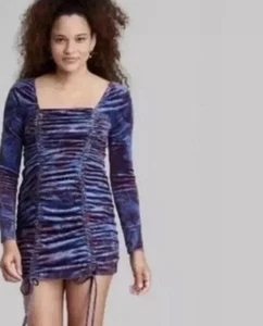 Wild Fable Dress Womens Size Large Blue Velvet Ruched Long Sleeve Mini NWT - Picture 1 of 1