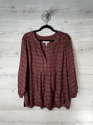 Camisa Wrangler Mujer XL Borgoña Cuadros Henley Campesina Túnica Manga 3/4 Boho Foto 1 de 4