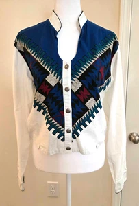Vintage 90s BROOKS & DUNN L M Top White Aztec Cowgirl Southwest Cropped Blue Red - Picture 1 of 5