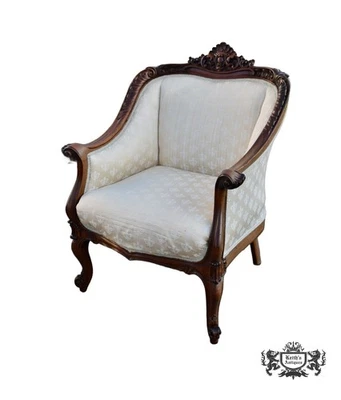 Antique Carved Walnut French Style Chair w/Fleur-de-lis Patterned Fabric - Image 1 of 4