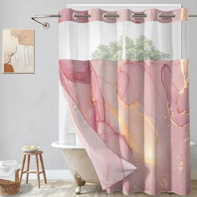  No Hooks Shower Curtain with Snap in Liner Hookless Shower Pink Gold Marble - Image 1 of 4