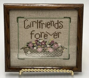 Girlfriends Forever Professionally Framed Cottage Style Crossstitch Art 8”X7” - Picture 1 of 6