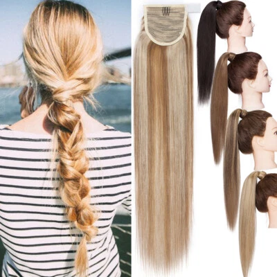 100% HUMAN HAIR Ponytail Clip in Wrap Around Remy Pony Tail Long Hair Extensions - Image 1 of 4