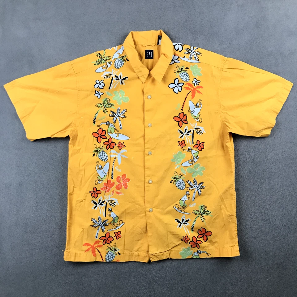 Винтажная рубашка GAP для мальчиков XL (12) желтая пляжный серфинг мультфильм Y2K гавайская на пуговицах - Изображение 1 из 4