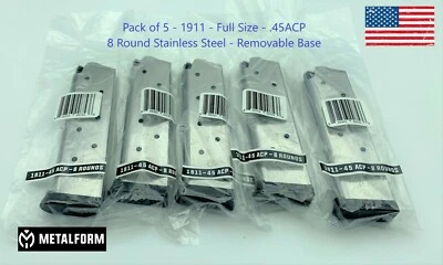 5 Pack 1911 Magazine 8 Round Stainless 45 ACP Auto Fits Colt Kimber Springfield