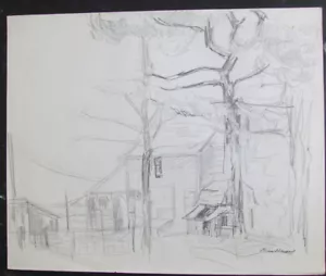 Dibujo Modernista Años 40 MARY MEIXNER Artista Listado "Wisconsin Homestead" - Imagen 1 de 2