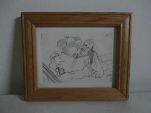 DISNEY MICKEY MOUSE AND PLUTO PENCIL SKETCH SMALL MINIATURE PRINT FRAMED GIFT - Picture 1 of 8