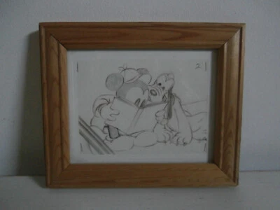 DISNEY MICKEY MOUSE AND PLUTO PENCIL SKETCH SMALL MINIATURE PRINT FRAMED GIFT - Image 1 of 4