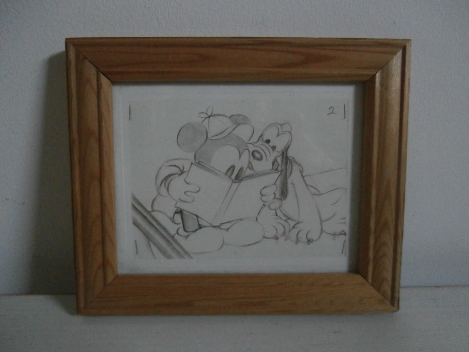 DISNEY MICKEY MOUSE AND PLUTO PENCIL SKETCH SMALL MINIATURE PRINT FRAMED GIFT - Image 1 of 4