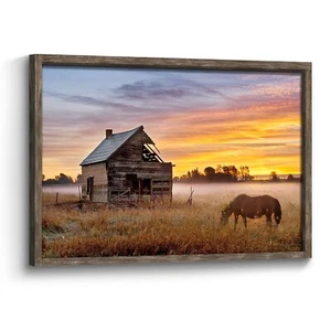 Country Barn Framed Wall Art: Rustic Farmhouse Sunset Scene Wooden Framed Pai... - Picture 1 of 6