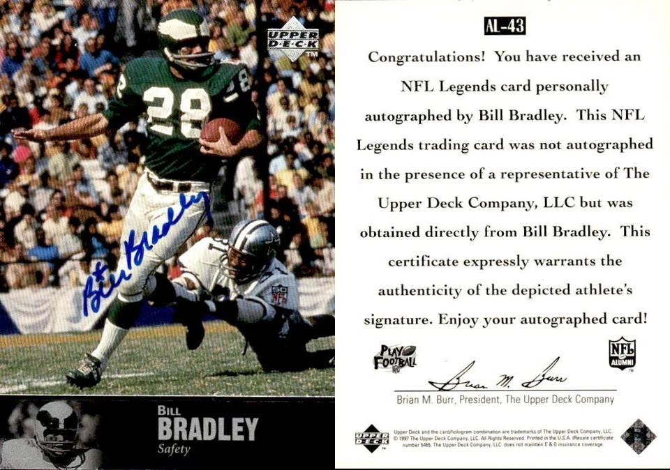 BILL BRADLEY 1997 UPPER DECK NFL LEGENDS AUTOGRAPH PHILADELPHIA EAGLES ON-CARD - Image 1 of 1