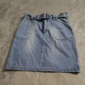 CLIO Denim Mini Skirt Women's Size 8 Blue A Line Belted Studded Pockets Casual - Picture 1 of 7