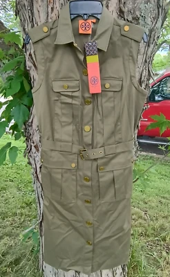 Tory Burch зеленый хаки подпоясанный Patricia эластичной хлопковая рубашка платье размер 2 новый - Изображение 1 из 4