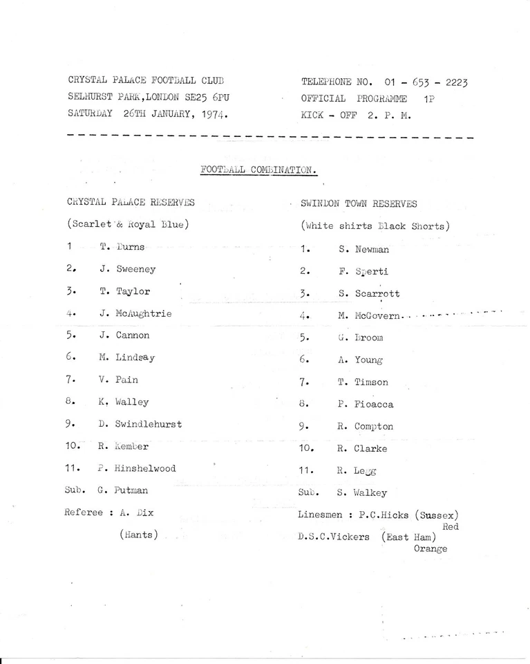 Crystal Palace Reserves v Swindon Town (Combination) 1973/1974 - Image 1 of 1