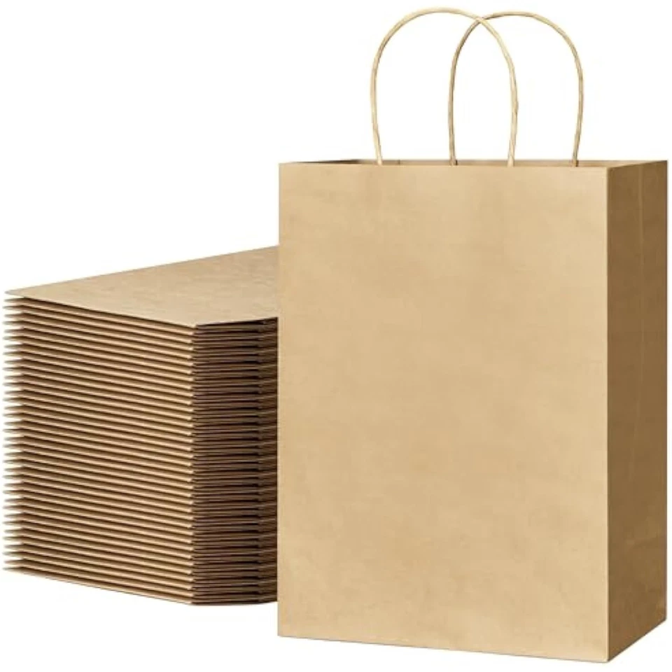Bolsas de regalo 100 piezas bolsas de papel marrón con asas a granel 8x4,5x10,8 pulgadas pa Foto 1 de 1