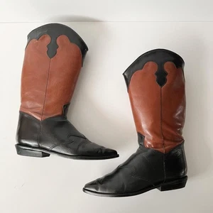 Vintage western knee high riding boots tall Cowgirl leather black brown Size 6.5 - Picture 1 of 6