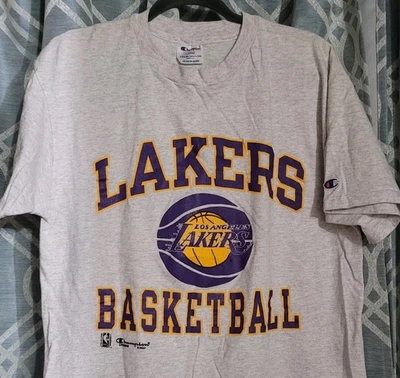 Vtg 90s champion Y2K Los Angeles Lakers NBA T-shirt Spell Out Gray Sz L USA Made - Image 1 of 4