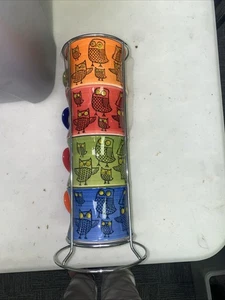Juego de 4 tazas de té de café apiladas Pier 1 Imports Owl con soporte de metal retro  - Imagen 1 de 6
