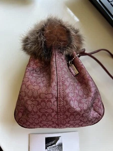 Vintage Coach Drawstring Wristlet Rabbit Fur Trim Lurex Signature C Leather 7176 - Picture 1 of 14