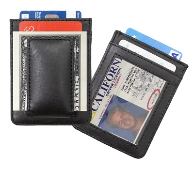 RFID Blocking Genuine Leather Money Clip ID Card Holder Slim Flat Magnetic Clip - Image 1 of 4